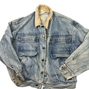 Men's Washed Light Blue Denim Jacket with Tan Corduroy Collar